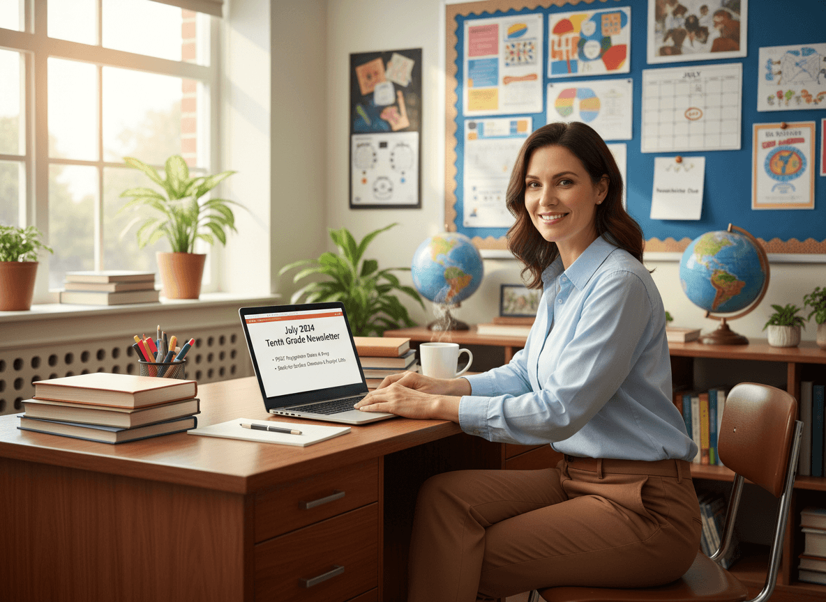 High school teacher preparing July newsletter for tenth grade families with PSAT and back-to-school information