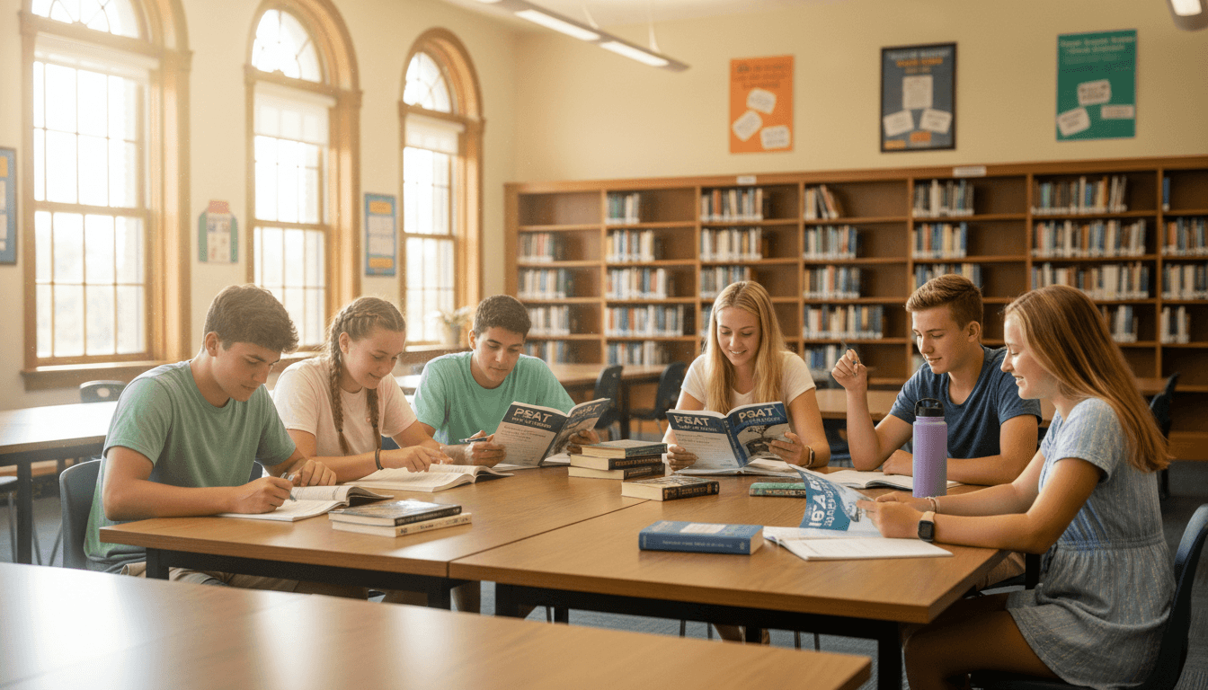 Tenth grade students reviewing PSAT study materials and summer reading books in July