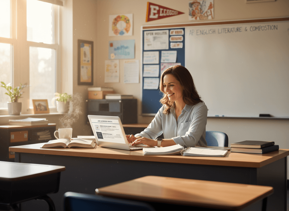 Eleventh grade teacher composing June newsletter with AP results and senior year college timeline