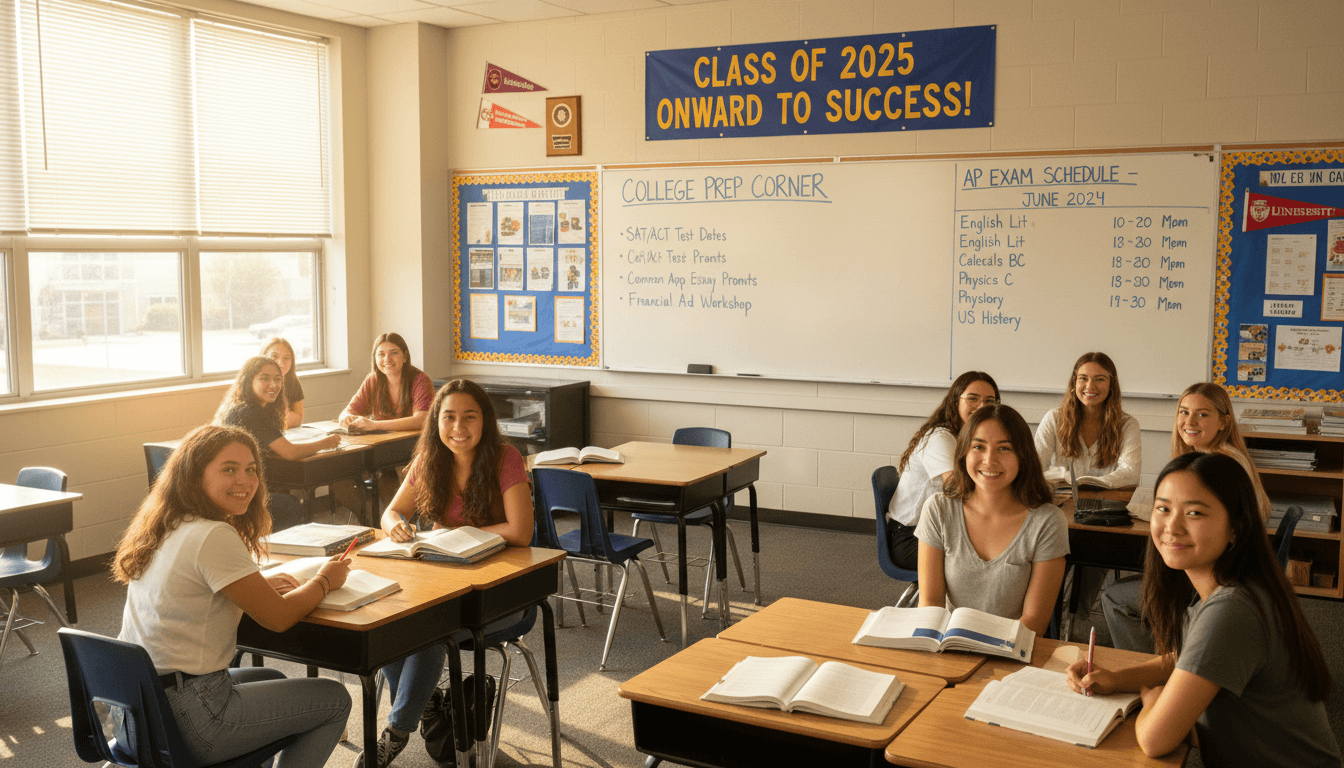 Eleventh grade classroom in June with college prep materials and AP exam schedule on whiteboard