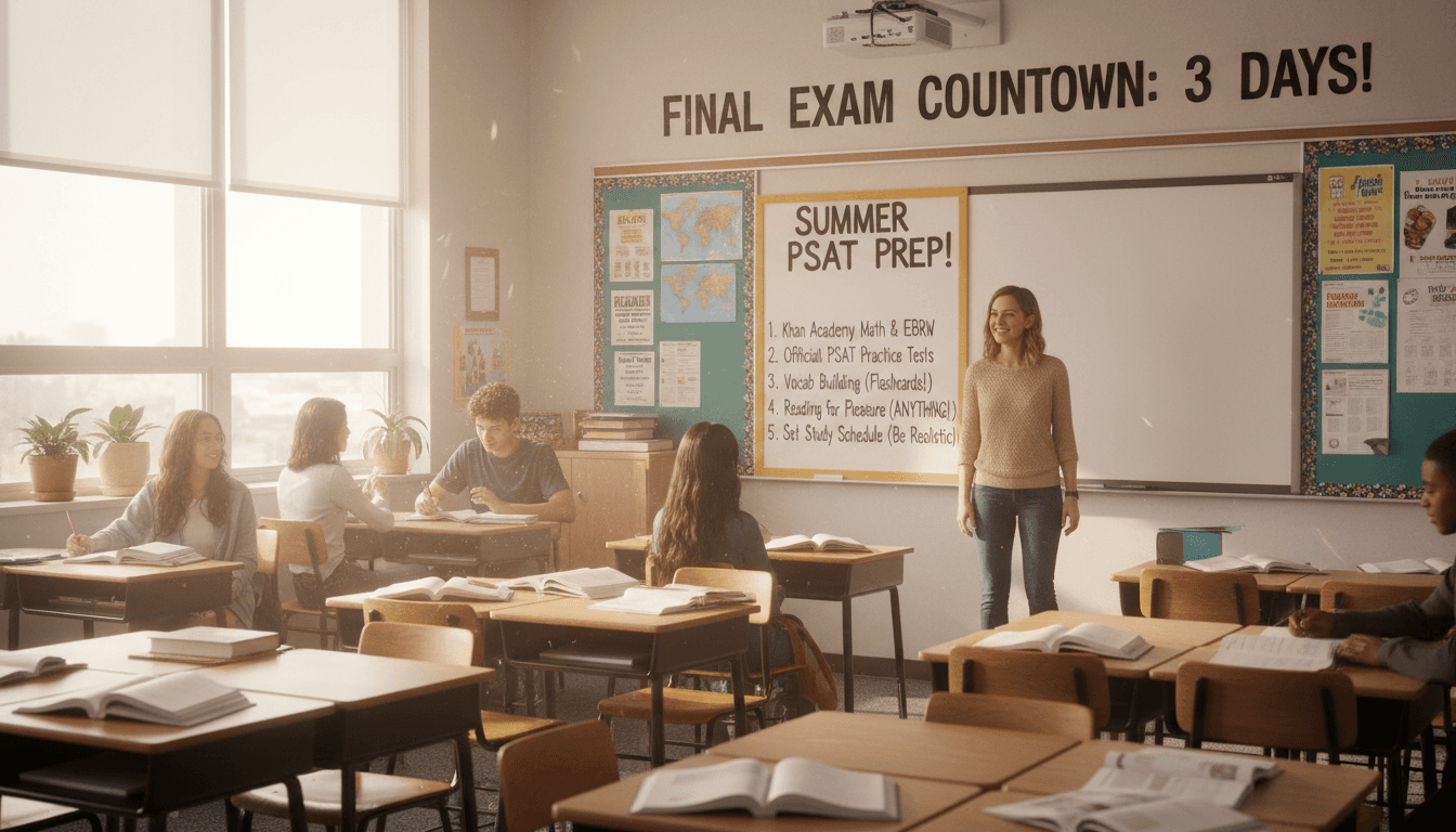 Tenth grade classroom June with final exam countdown and summer PSAT prep list posted