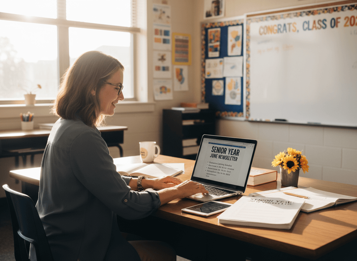High school teacher writing final senior year June newsletter with graduation ceremony schedule