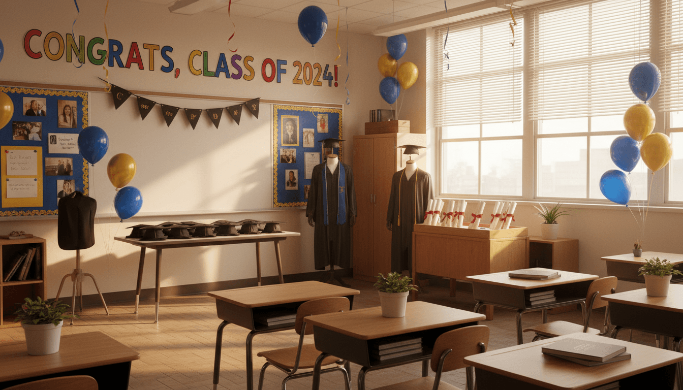 Twelfth grade classroom in June with graduation caps and gowns, diploma display, and senior send-off decorations
