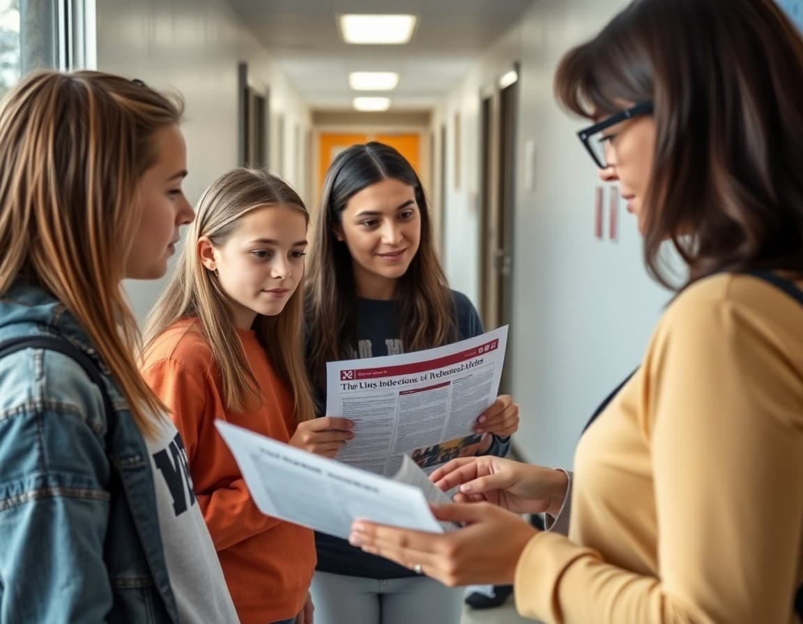 Kansas high school students reviewing newsletter with teacher in school hallway