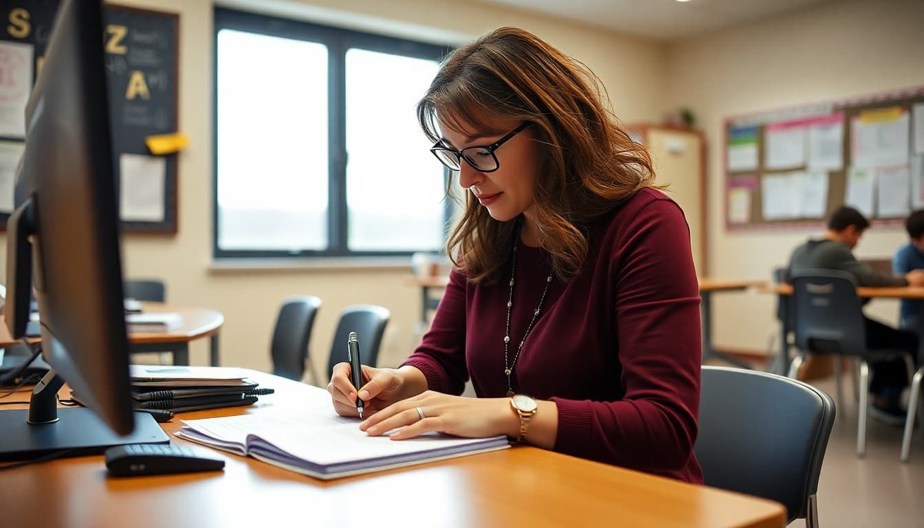 Kansas high school teacher drafting parent newsletter at desk in secondary school