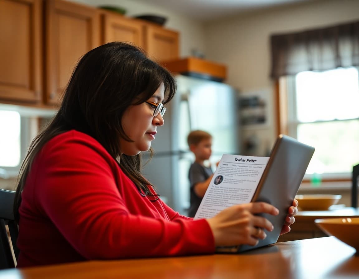 Kansas parent reading a teacher newsletter on a laptop in a kitchen