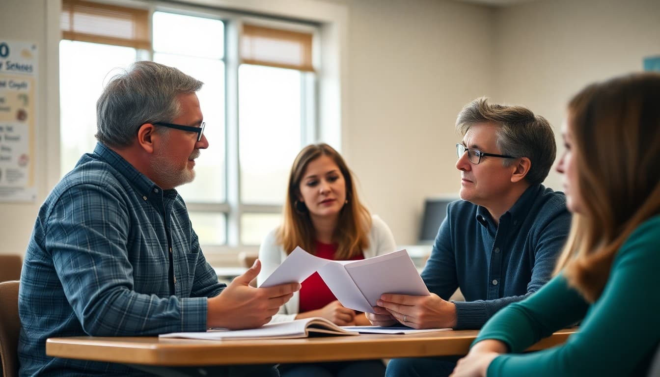 Kansas high school teacher reviewing course options with parents at a counseling event