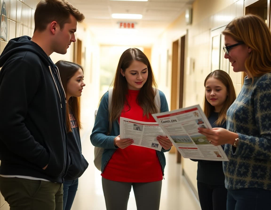 Kentucky high school students reviewing newsletter with teacher in school corridor