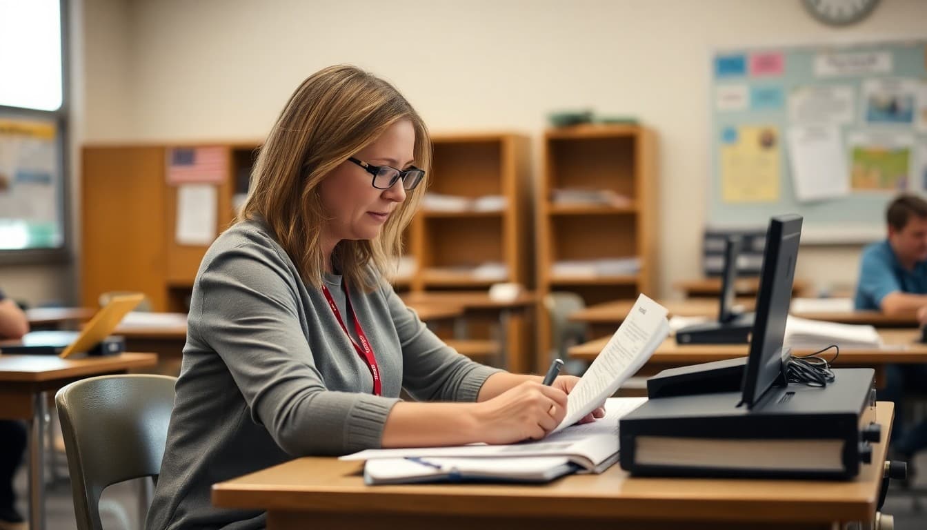 Kentucky high school teacher drafting parent newsletter at desk in secondary school classroom