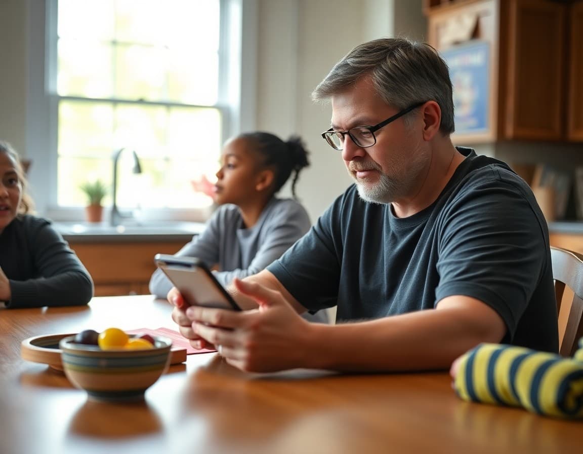 Kentucky parent reading a teacher newsletter on a smartphone at a kitchen table