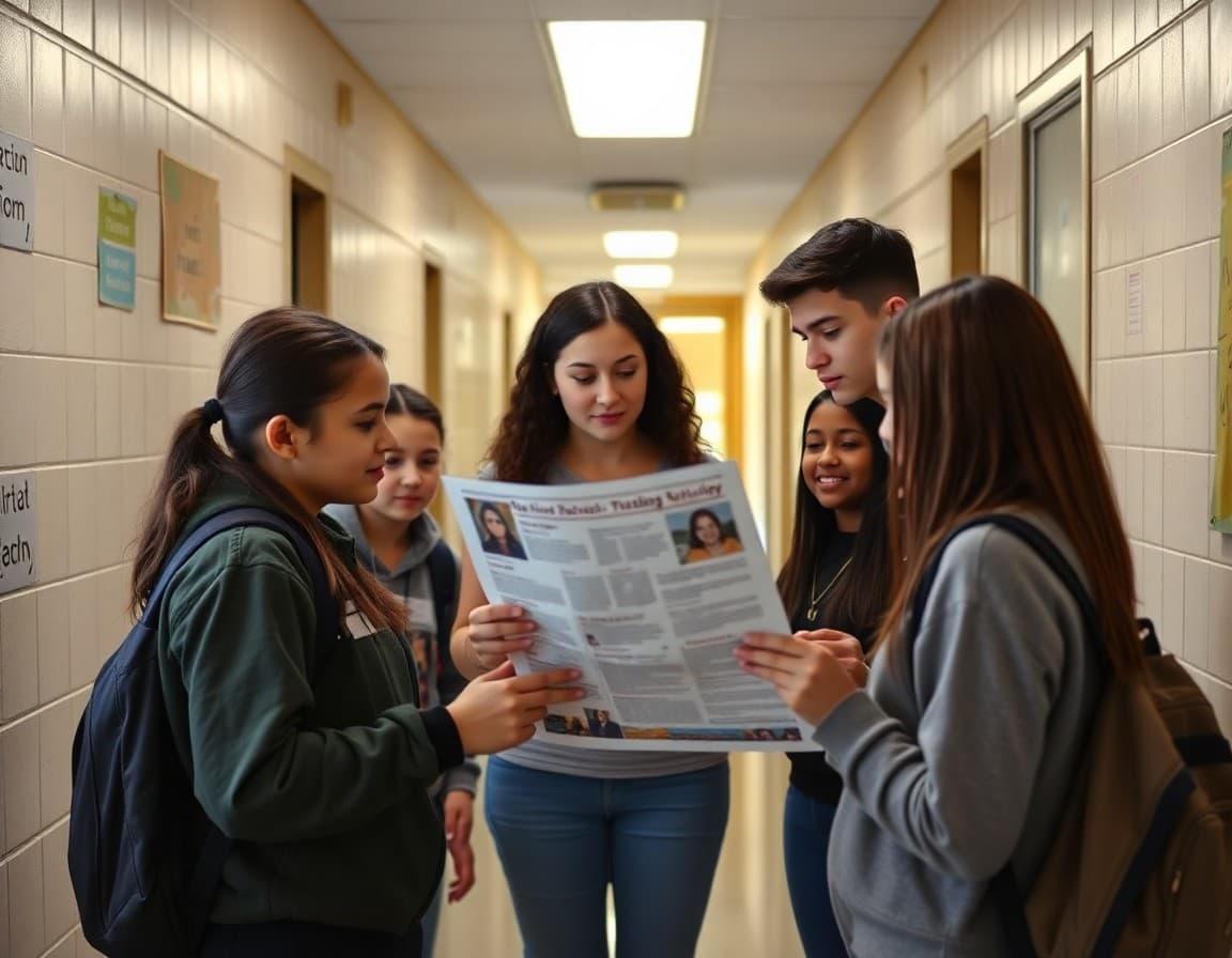 Louisiana high school students reviewing newsletter with teacher in school hallway