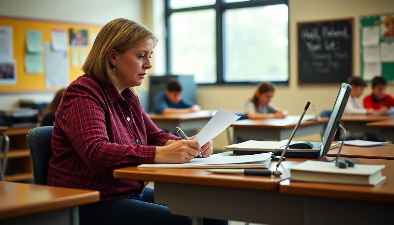 Louisiana high school teacher drafting parent newsletter at desk in secondary school classroom