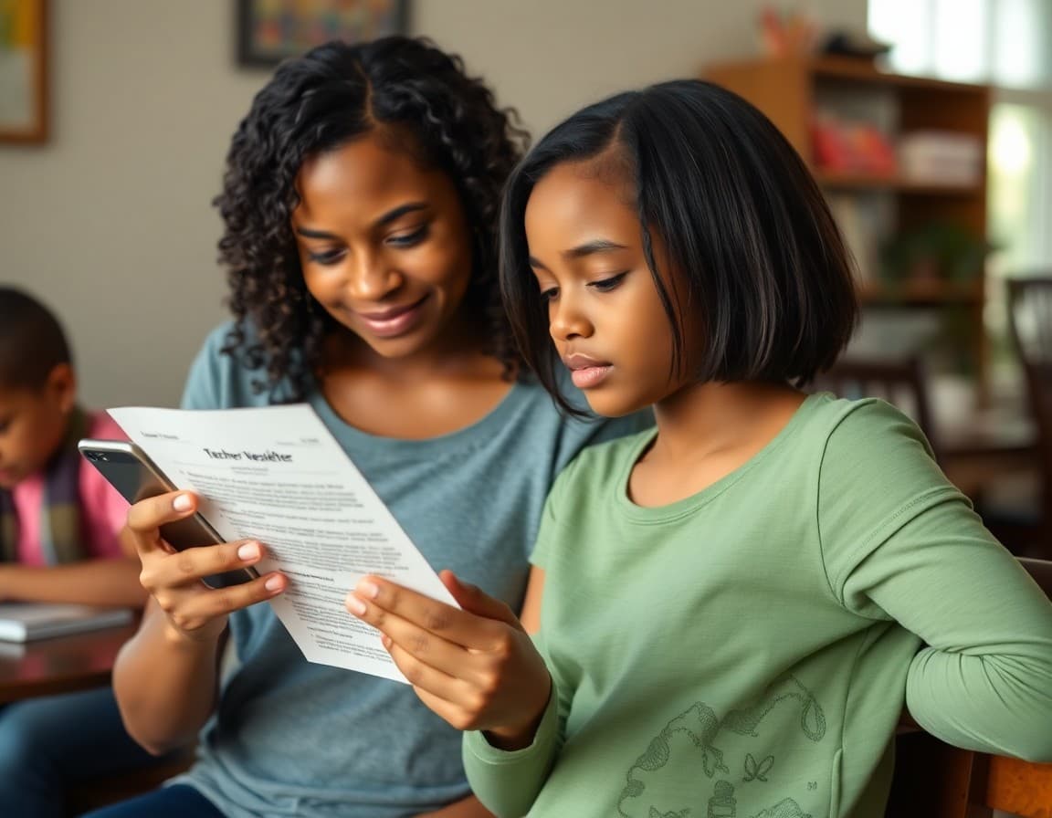 Louisiana parent reading a teacher newsletter on a phone at home