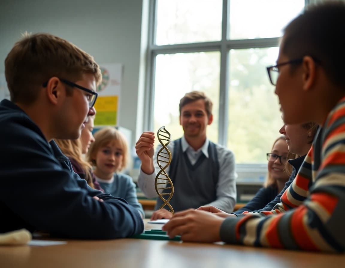 Biology teacher showing a DNA model to students during a genetics unit in high school