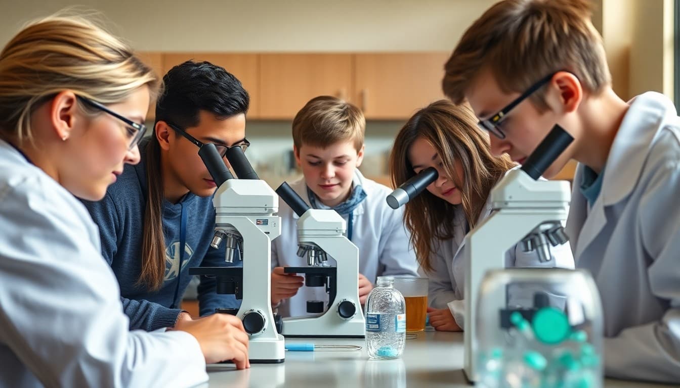 High school students examining cells under microscopes in a life science biology lab