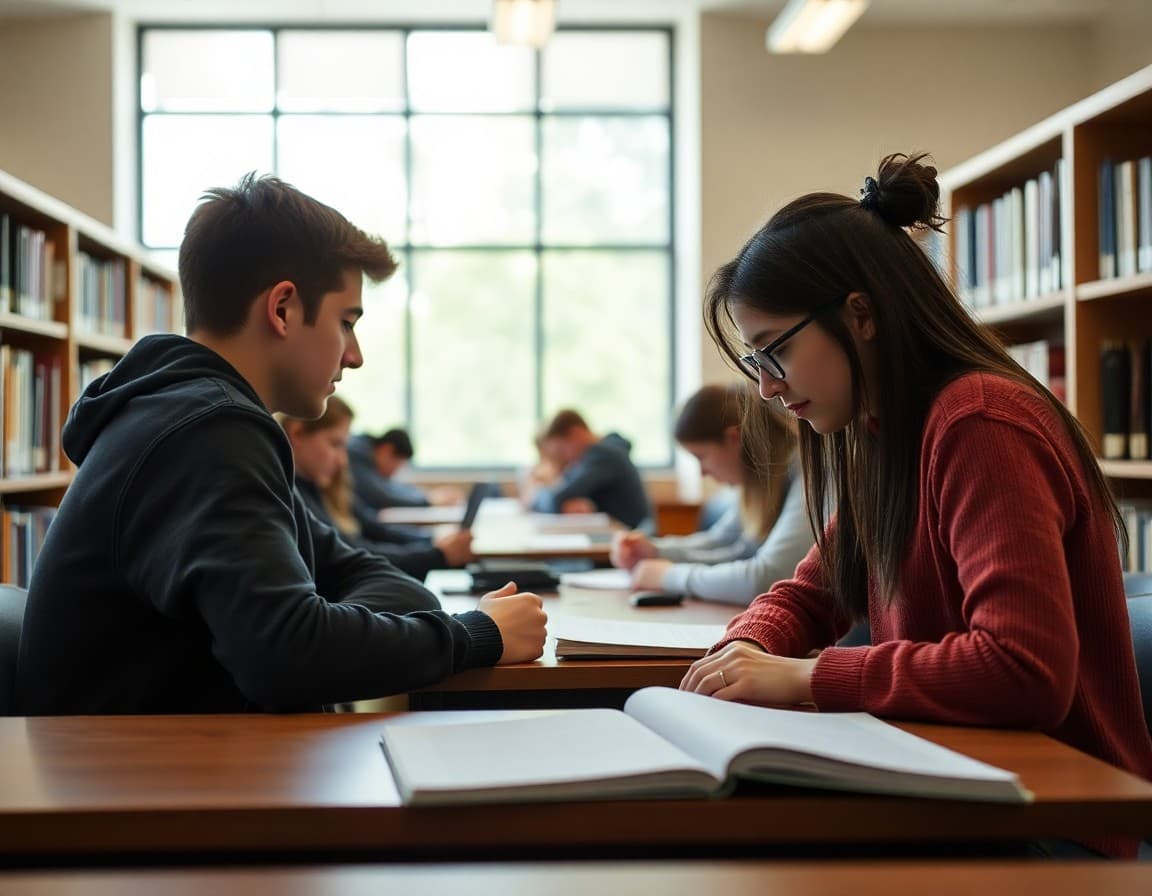 Massachusetts high school students in library preparing for AP exams