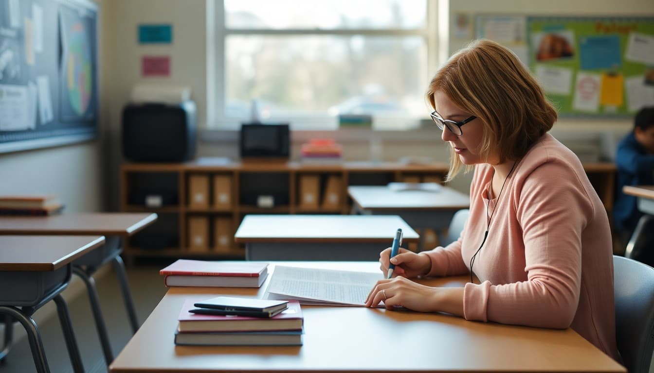 High school teacher in Massachusetts drafting parent newsletter at classroom desk