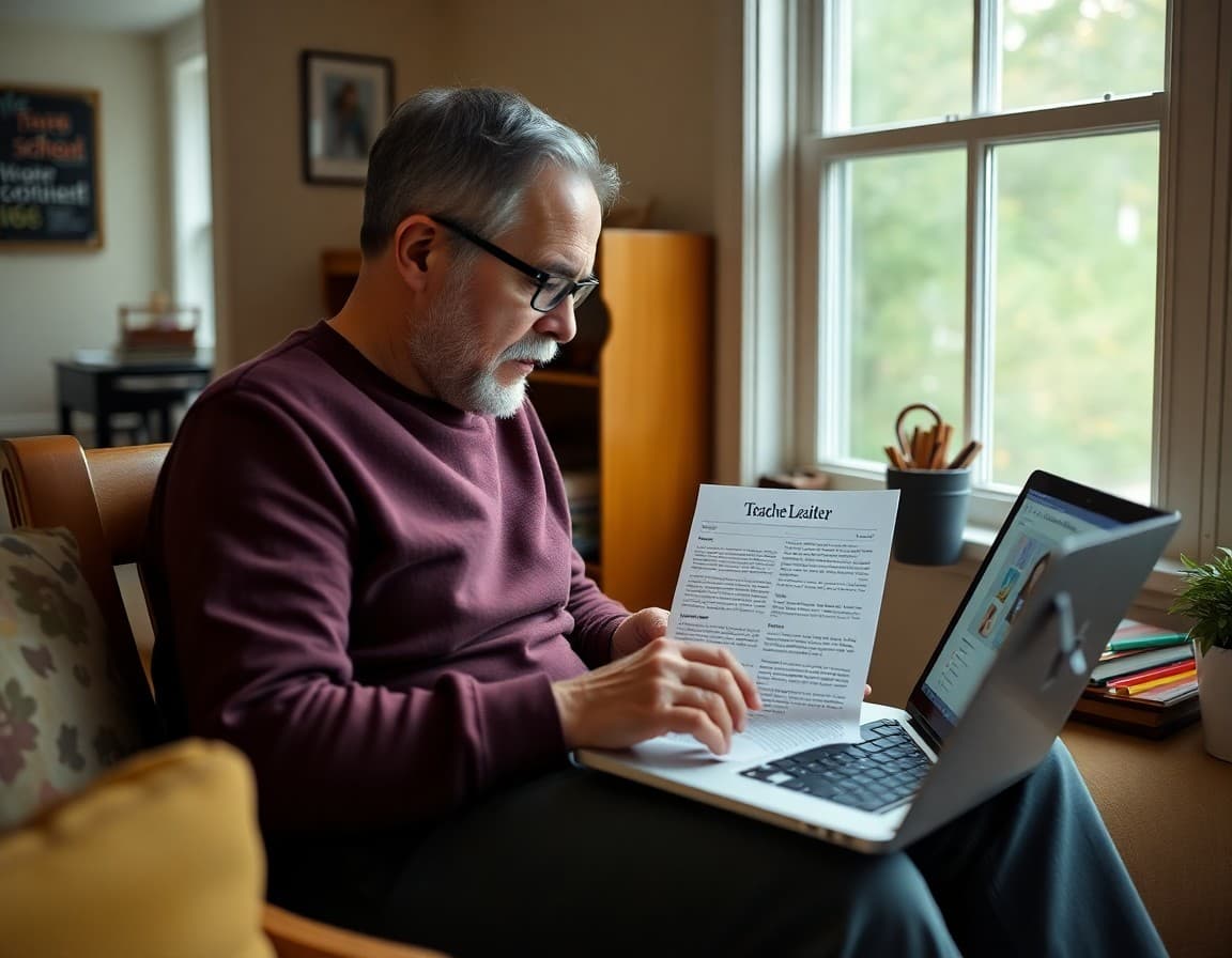 Massachusetts parent reading a teacher newsletter on a laptop at home in a New England setting
