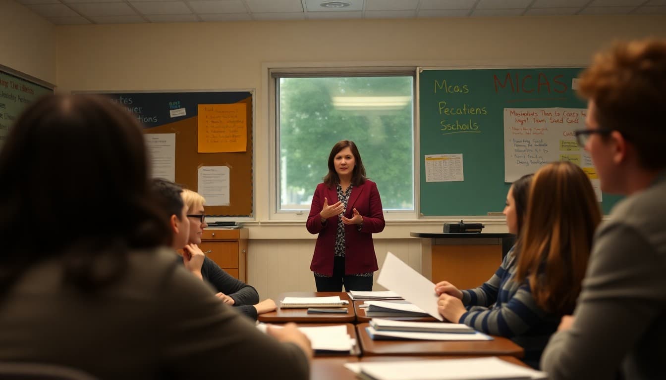 Massachusetts high school teacher at a Boston area school presenting MCAS information to parents