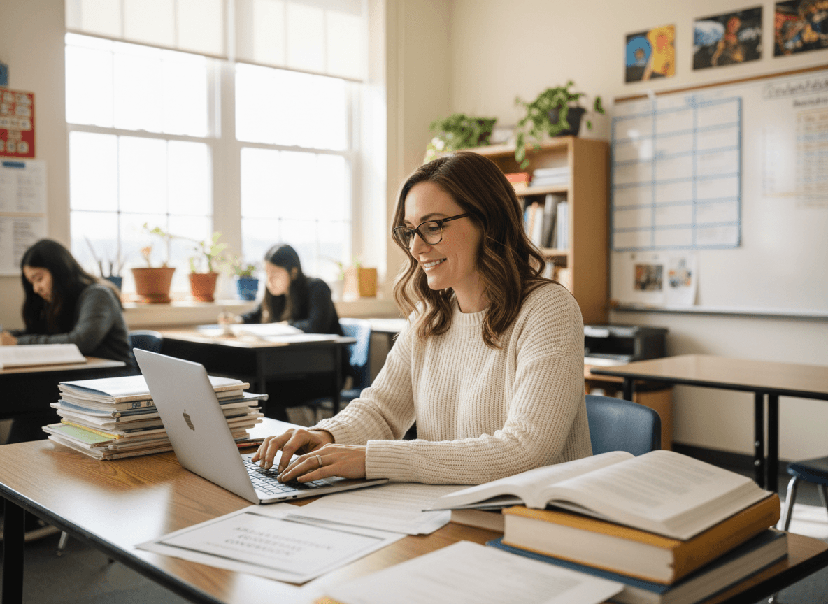 Junior year teacher composing March newsletter with AP exam registration confirmation sheet