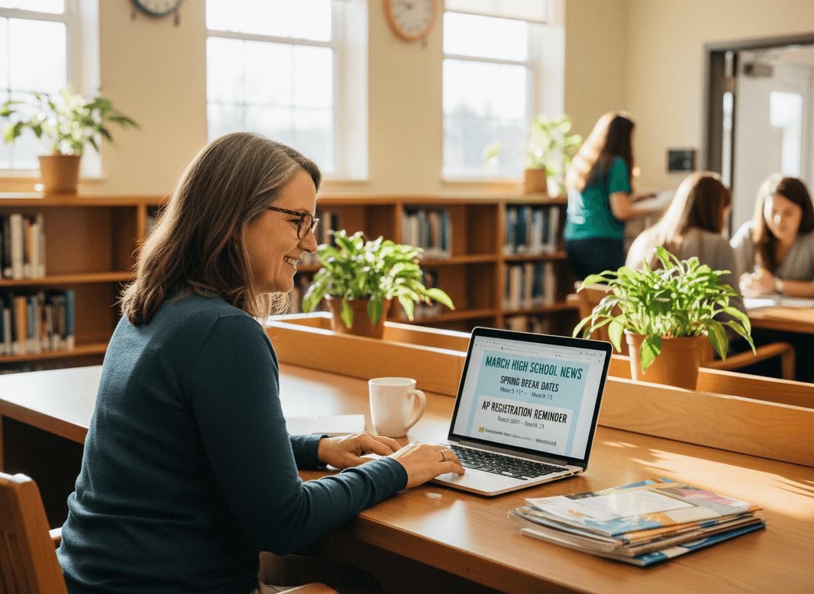 Parent reviewing March high school newsletter with spring break dates and AP registration reminder on laptop