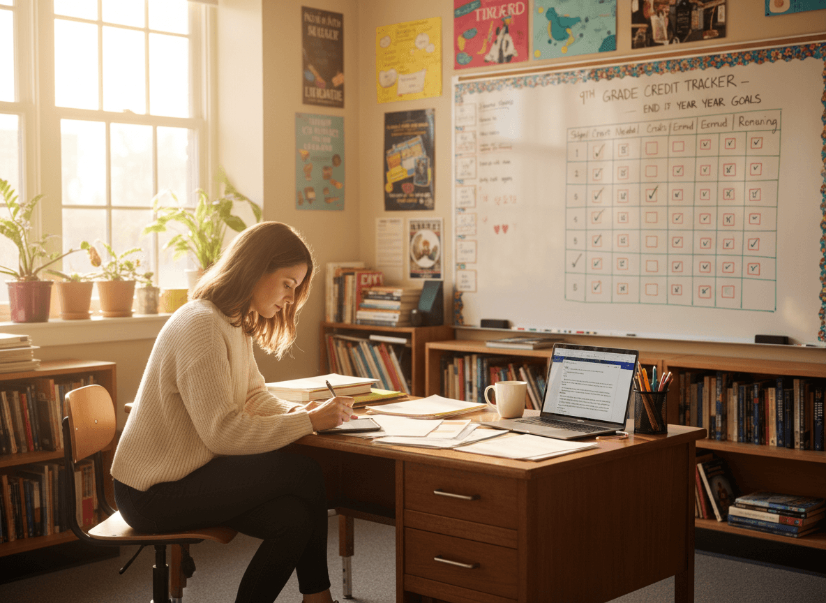 Ninth grade teacher writing March newsletter with end-of-year credit tracker visible