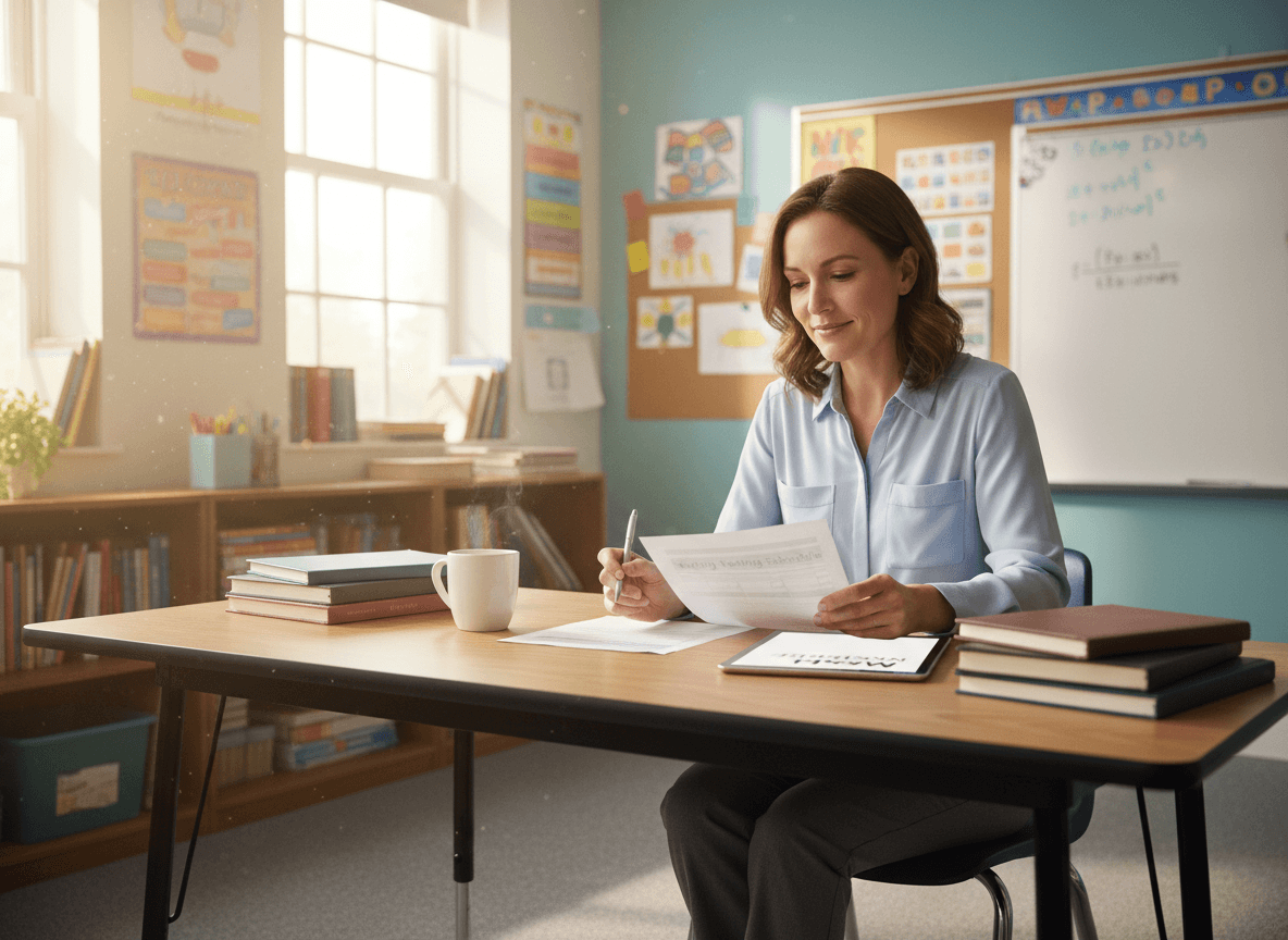 Tenth grade teacher reviewing spring testing schedule before writing March newsletter