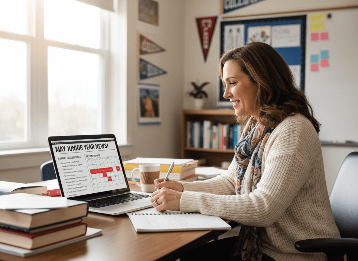 Junior year teacher composing May newsletter with summer college visit schedule and AP exam tracker