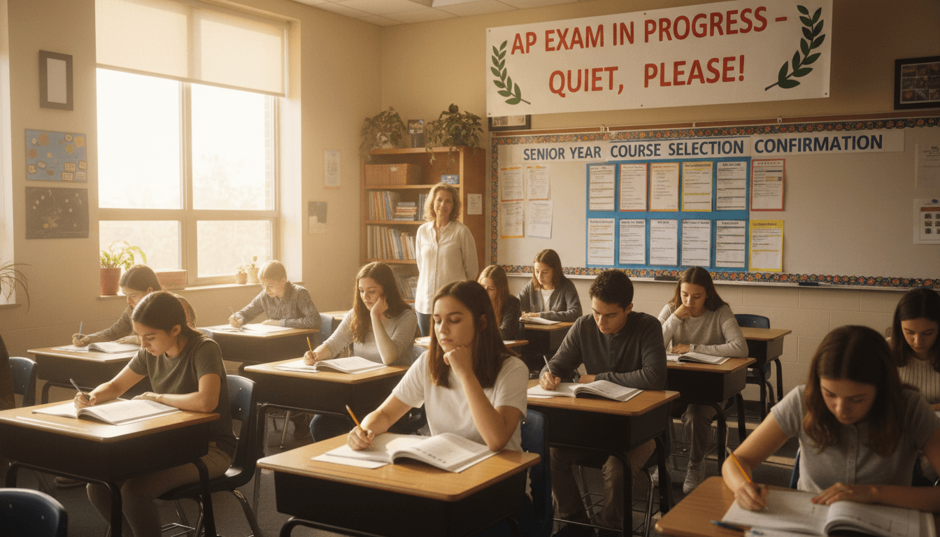 Eleventh grade classroom May with AP exam in progress notice and senior year course selection confirmation board
