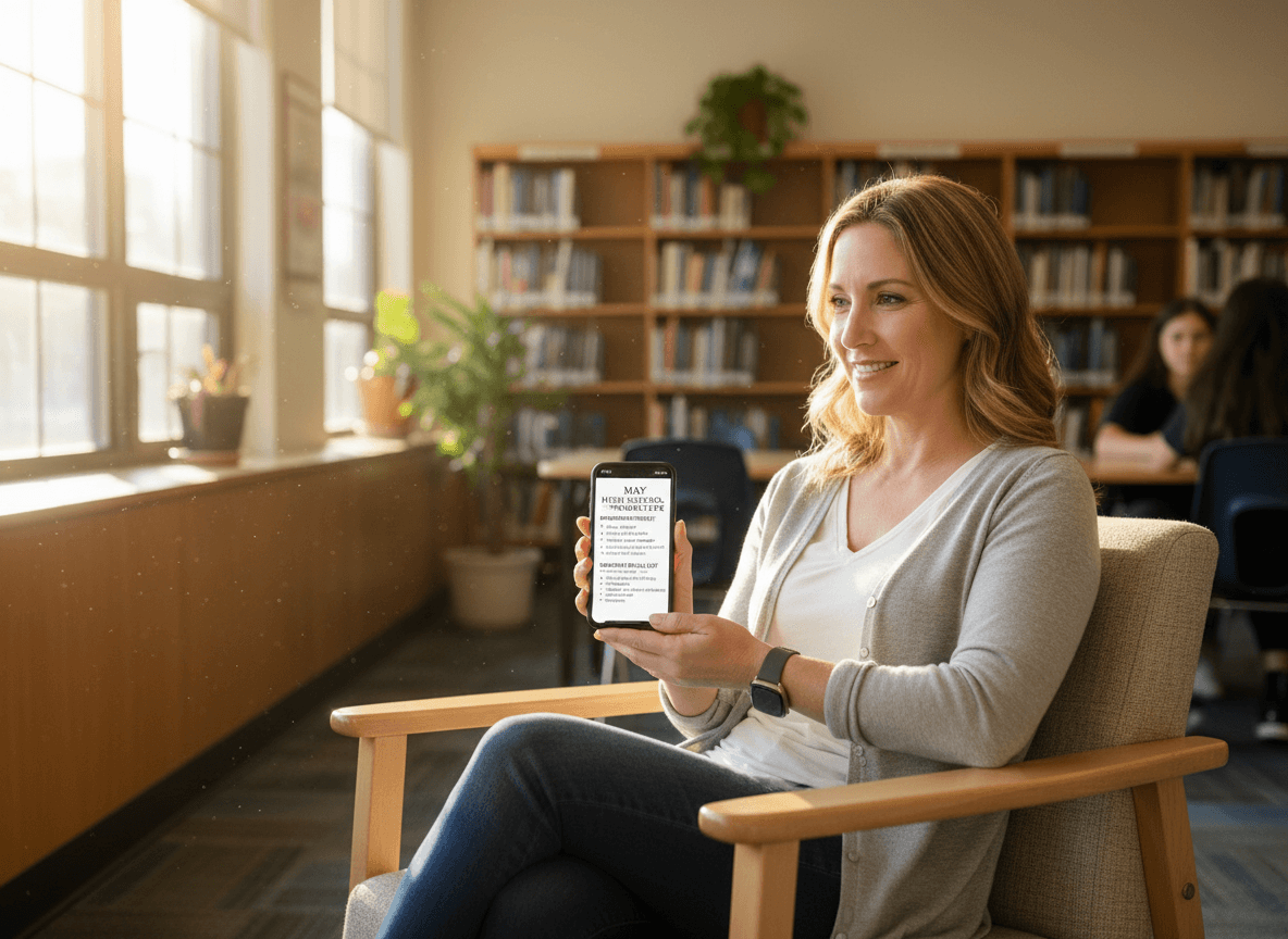 Parent reading May high school newsletter on phone showing graduation details, AP scores, and summer reading list