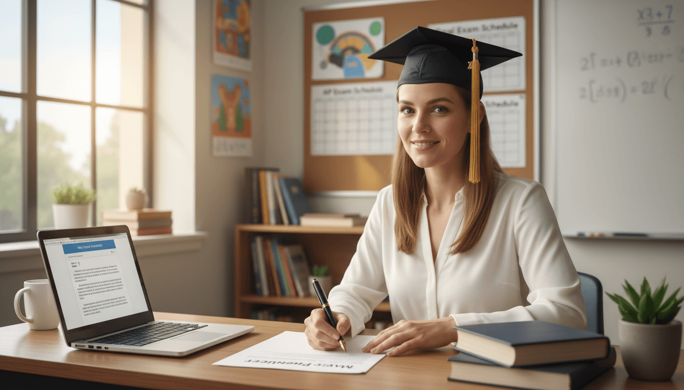 High school teacher writing May parent newsletter with graduation cap, AP exam calendar, and final exam schedule on desk