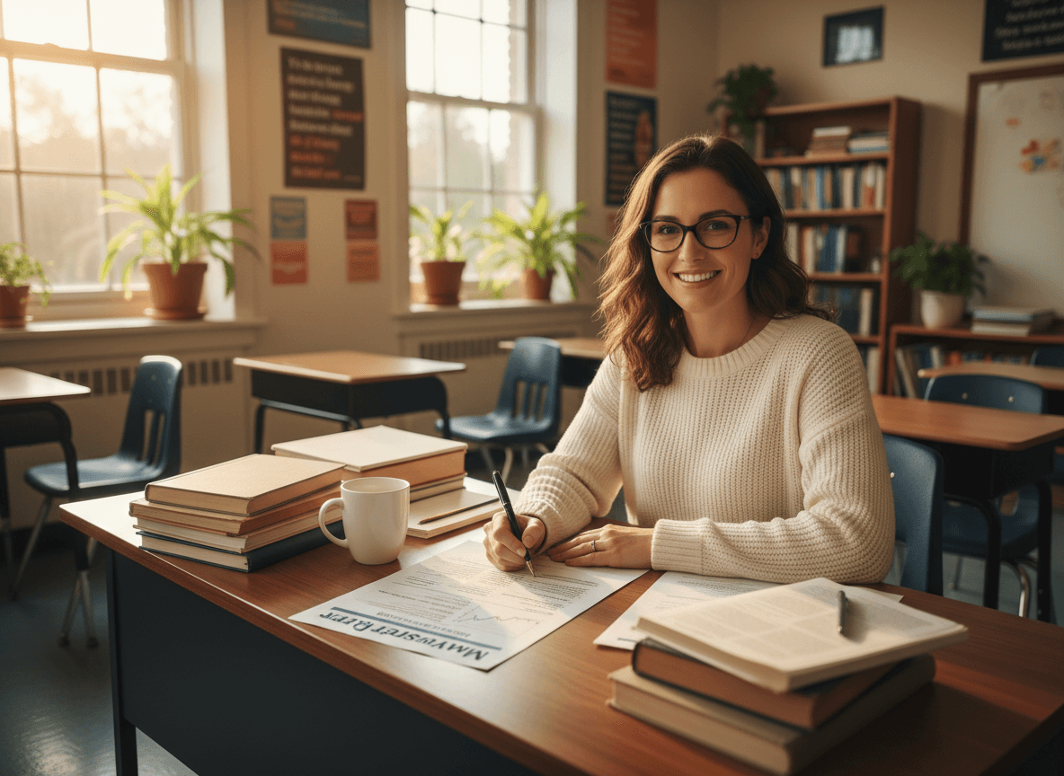 Ninth grade teacher writing May newsletter with summer reading list and end-of-year grade summary