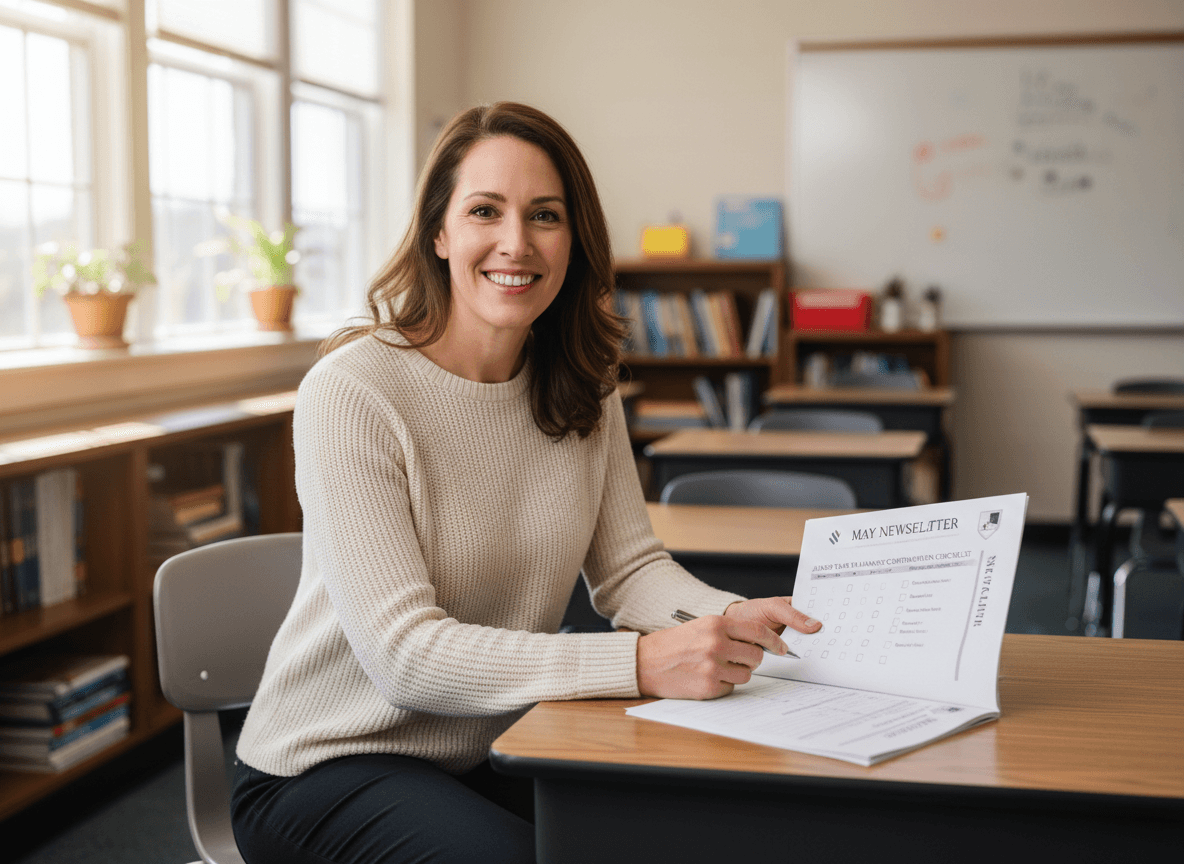 Tenth grade teacher reviewing May newsletter with junior year planning confirmation checklist