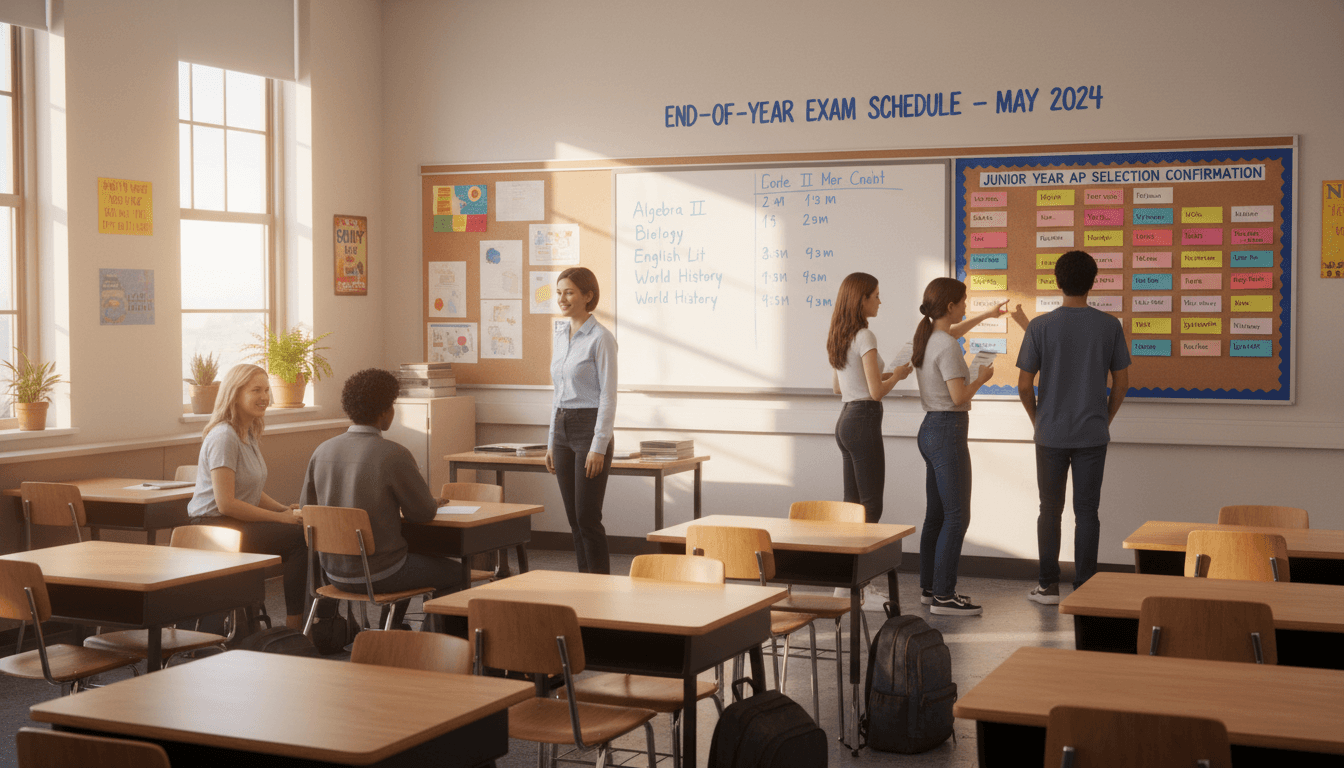 Tenth grade classroom May with end-of-year exam schedule and junior year AP selection confirmation board
