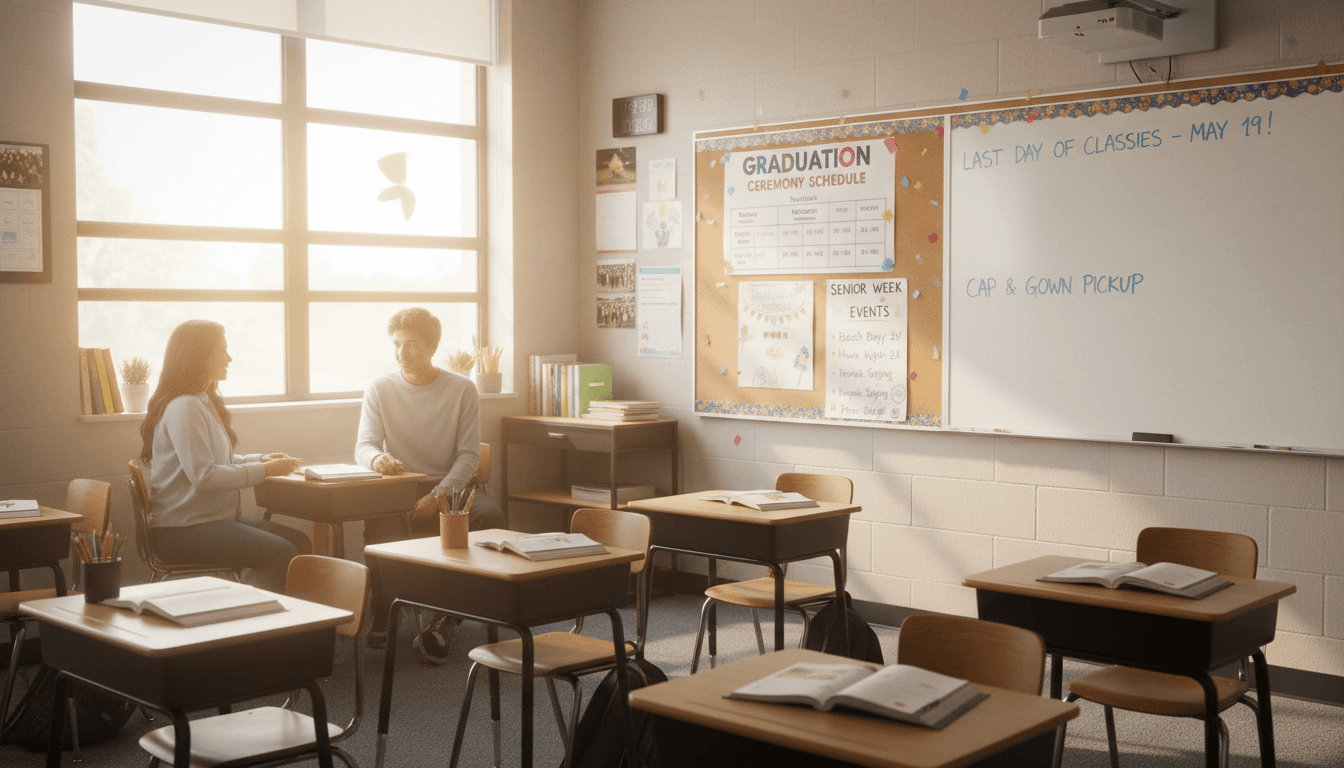 Twelfth grade classroom May with graduation ceremony schedule and senior week event calendar posted
