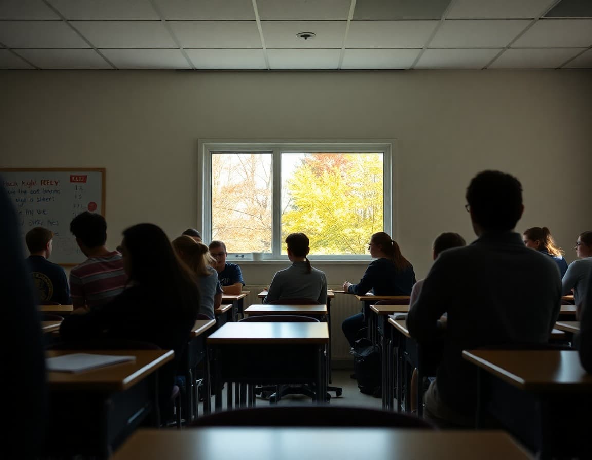 Maine high school classroom with fall foliage visible through the window