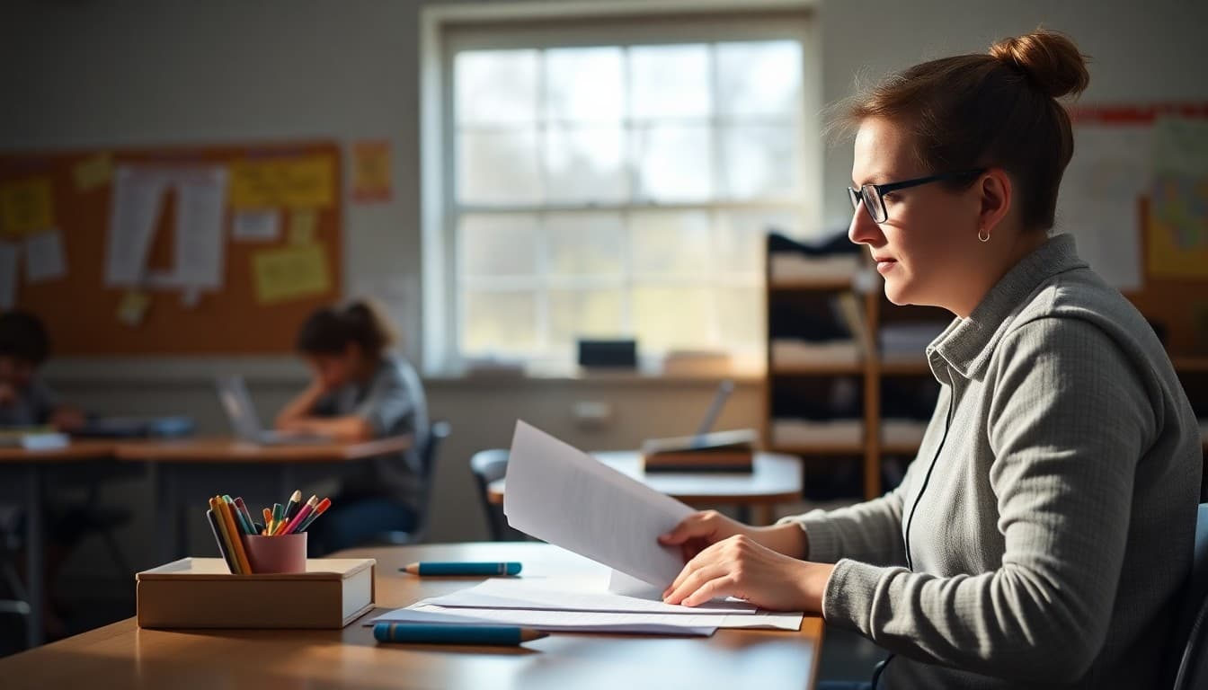 High school teacher in Maine sitting at desk drafting a parent newsletter