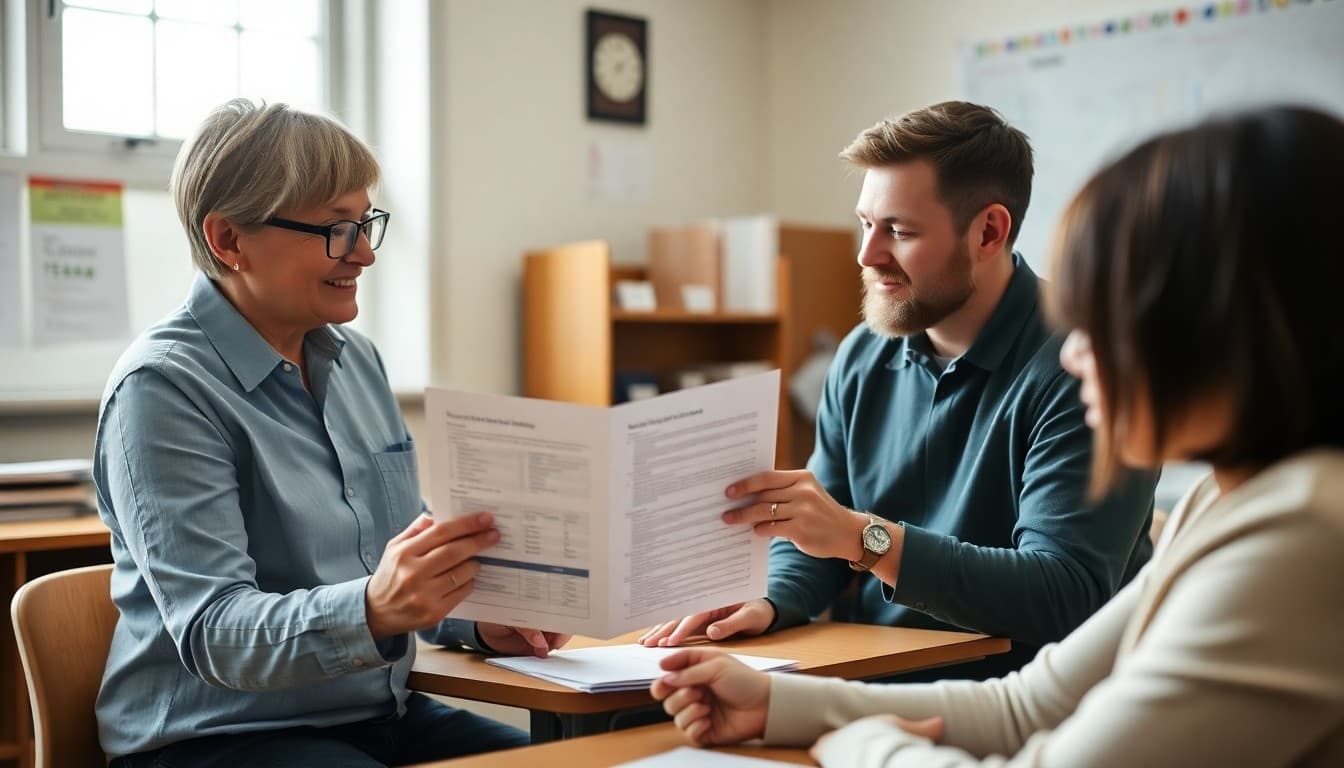 Maine high school teacher reviewing a proficiency-based diploma plan with a student and parent