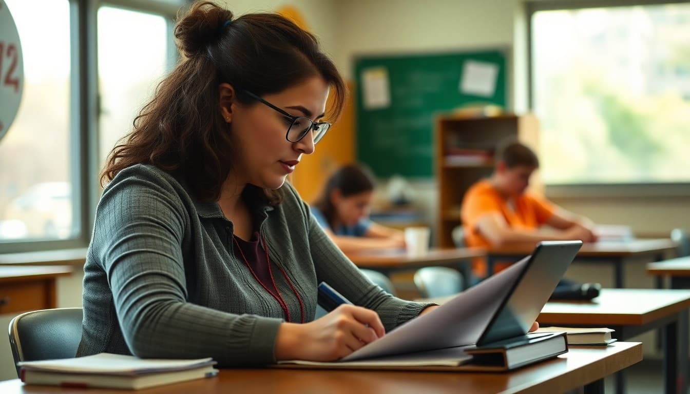 High school teacher in Minnesota drafting parent newsletter at classroom desk