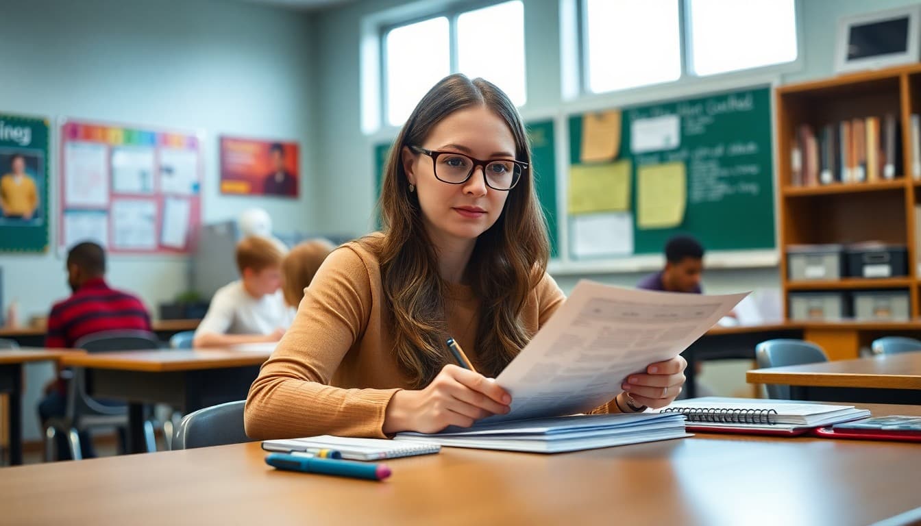 High school teacher in North Carolina drafting a parent newsletter at a classroom desk