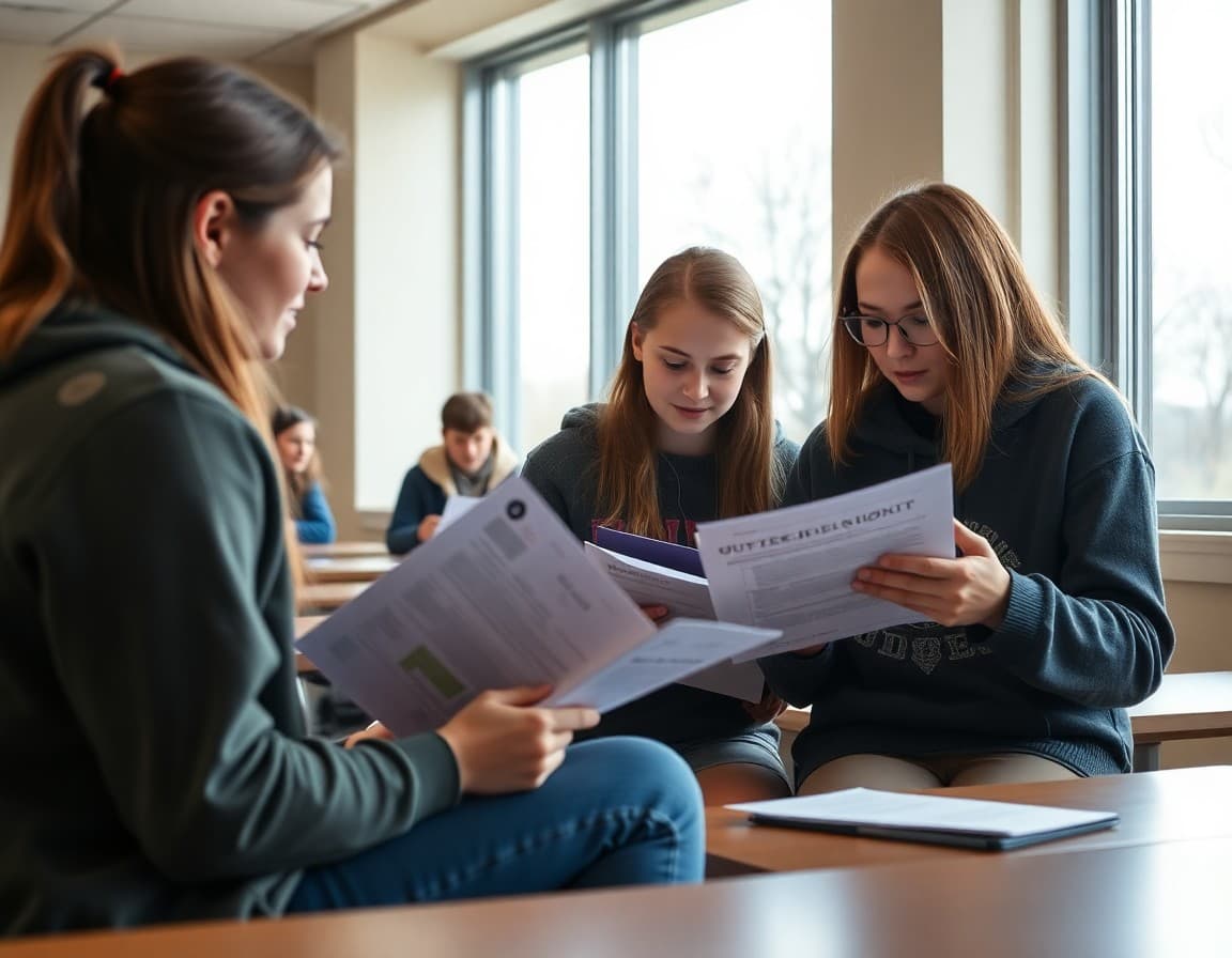 North Dakota high school students reviewing college application and financial aid materials