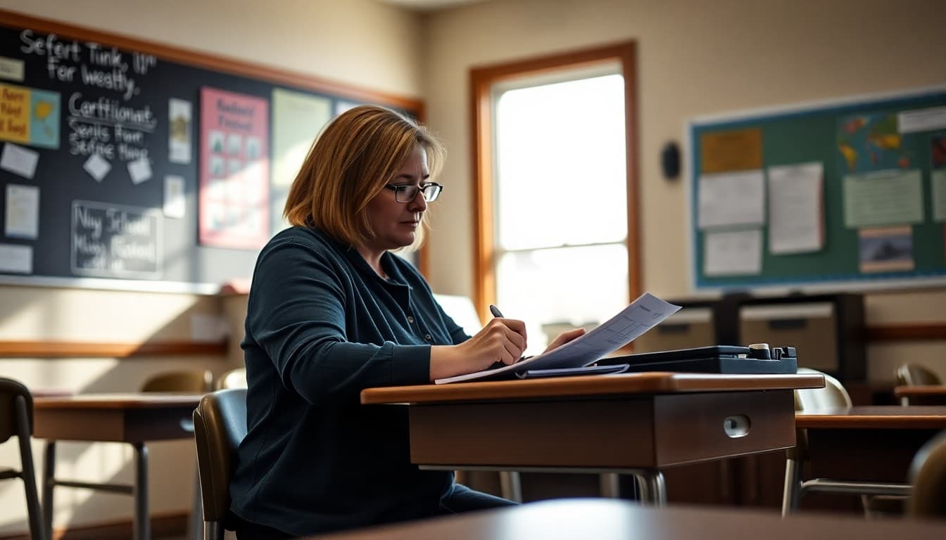High school teacher in North Dakota drafting a parent newsletter at a classroom desk in a small-town school