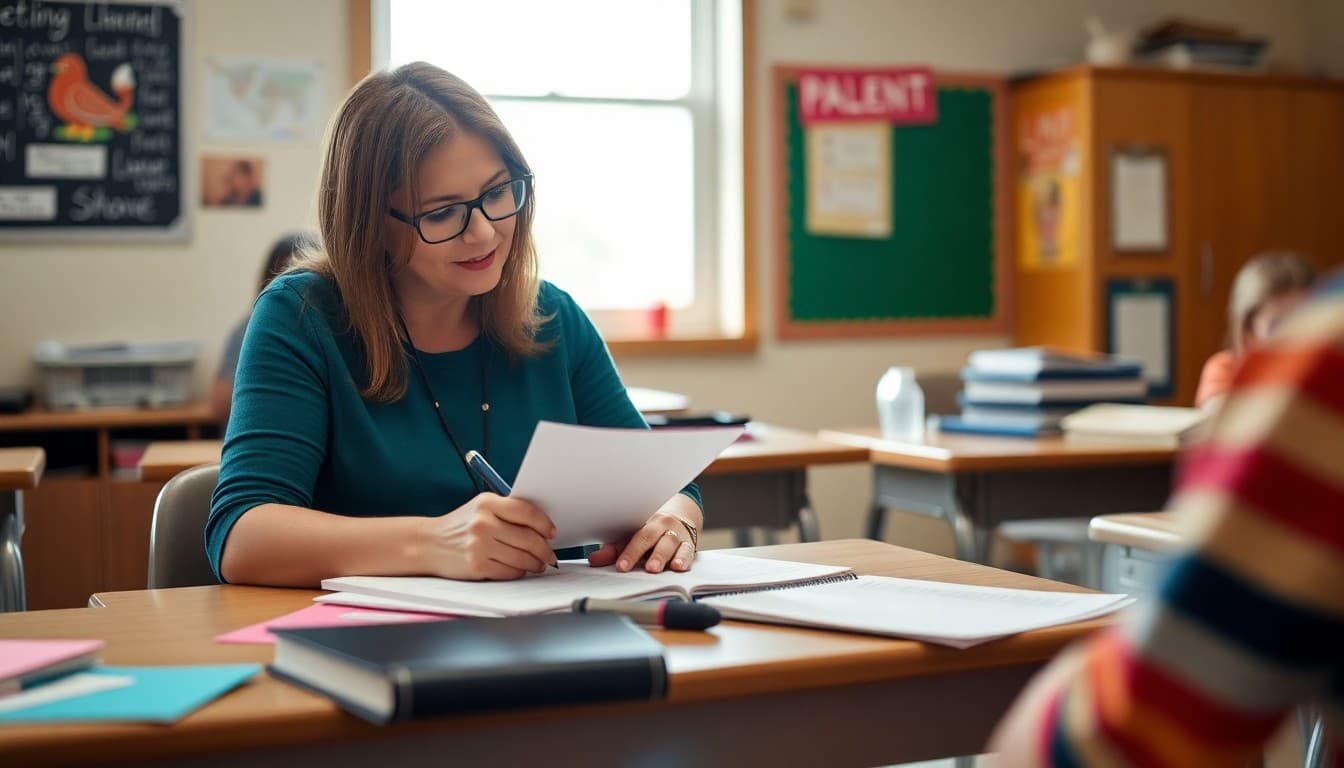 High school teacher in Nebraska drafting parent newsletter at classroom desk