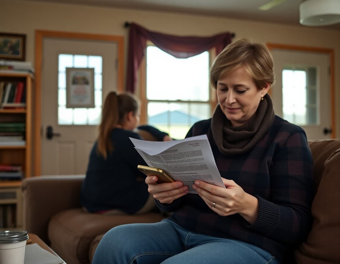 Nebraska parent reading a teacher newsletter on a phone in a rural home
