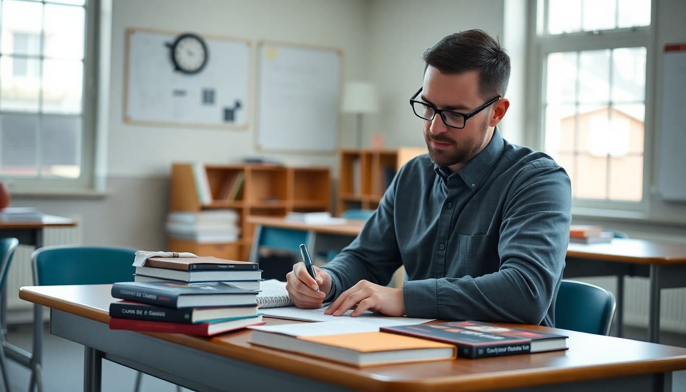 High school calculus teacher writing a course introduction newsletter at a desk with math textbooks