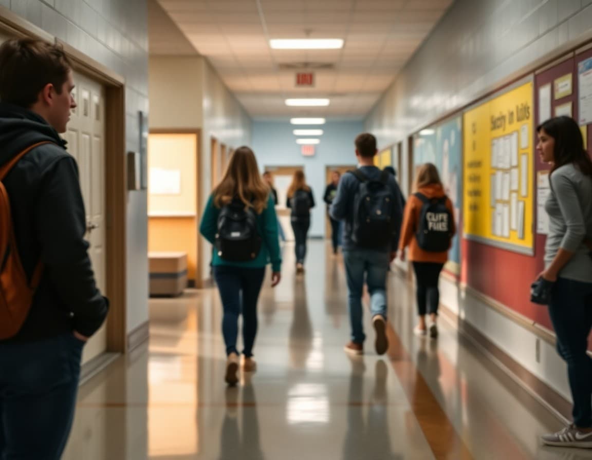 New Hampshire high school hallway with students and bulletin board announcements