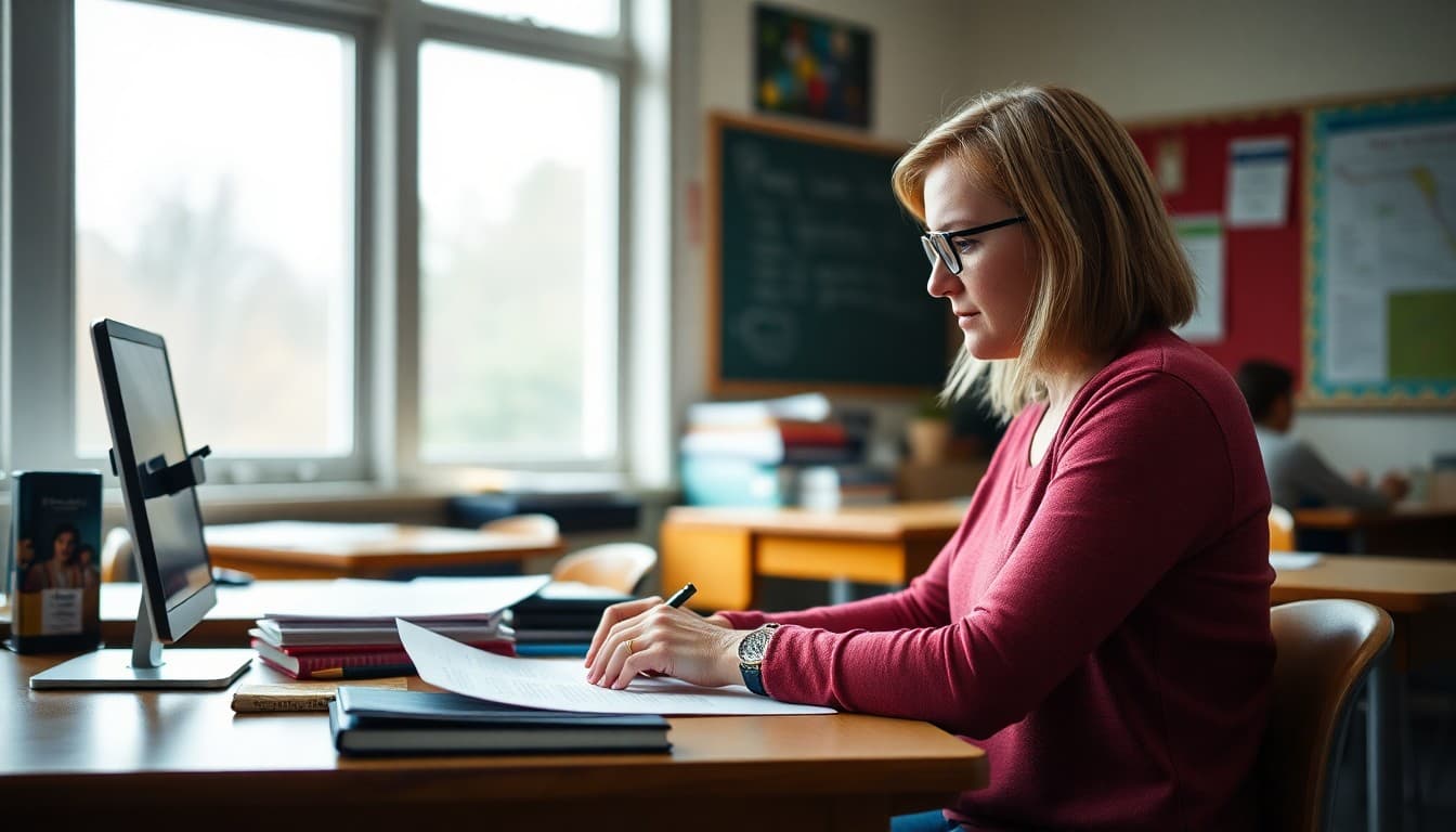 High school teacher in New Hampshire drafting a parent newsletter at a classroom desk