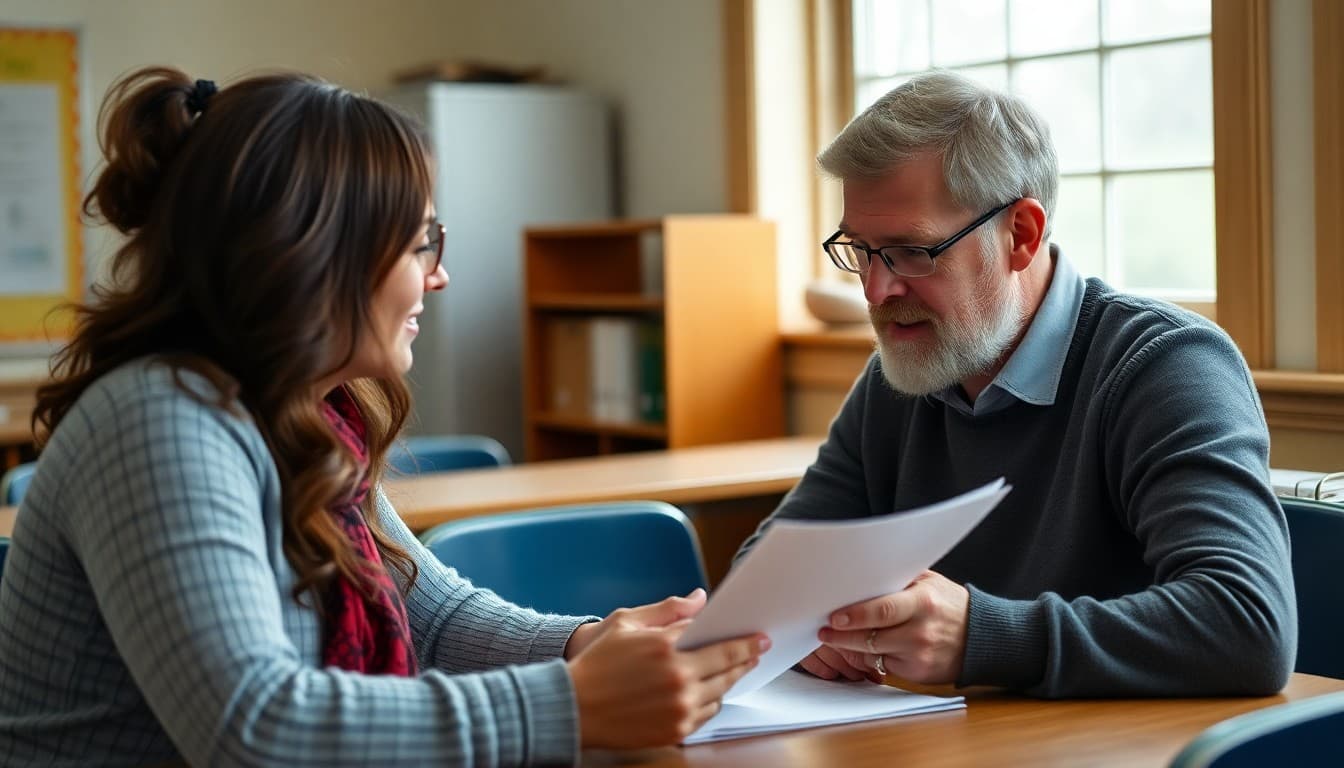 New Hampshire high school teacher reviewing a competency-based transcript with a parent at a small New England school
