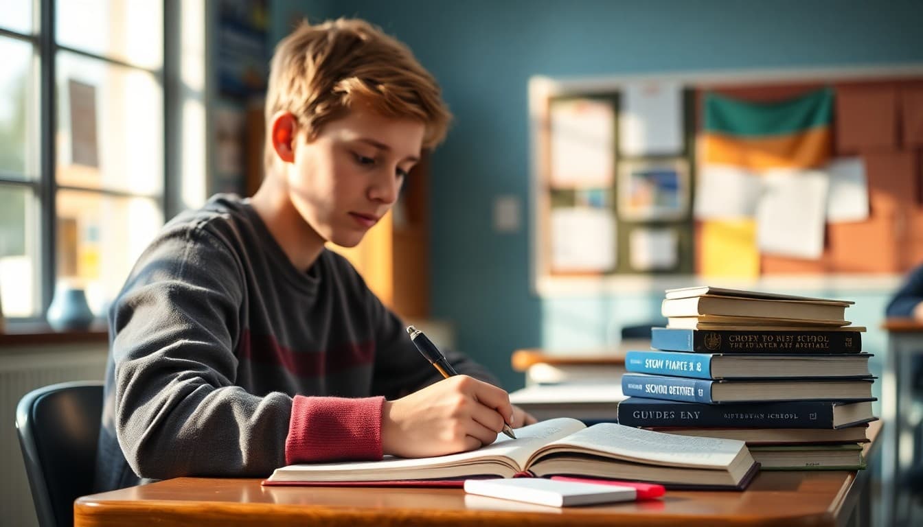 9th grade student writing a book report at a desk surrounded by books and notes