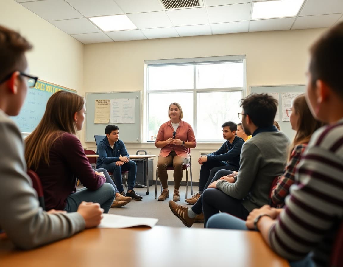 Teacher facilitating a class discussion in a 9th grade classroom with students in a circle